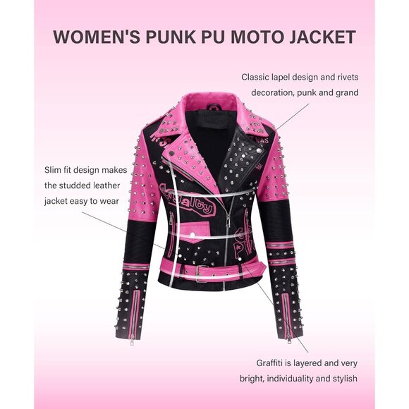 🆕 Women Pink Faux Leather Jacket Studded Rivet Spring Fall Winter Fashion Belt - Picture 3 of 6
